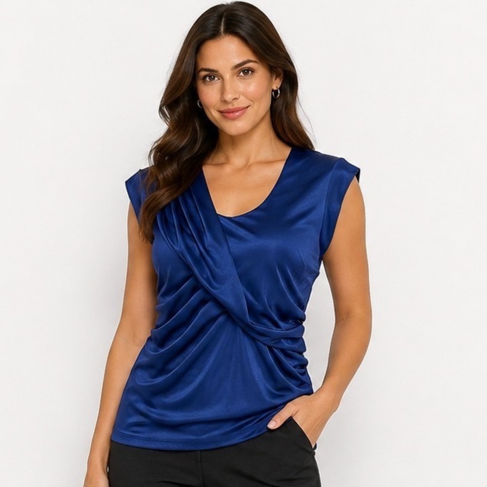 Jennifer Lopez Top Size M Royal Blue Draped Crossover Ruched Sleeveless Office